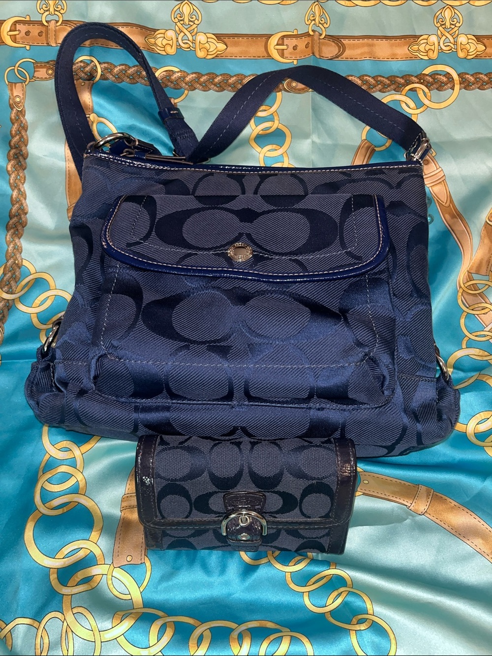Coach Navy Signature Jacquard Shoulder Bag with Navy Wallet